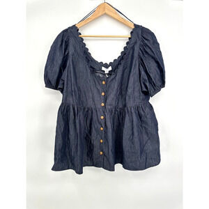 Kika Vargas Chambray Peplum Cotton Blouse Indigo Blue Puff Sleeve Size 1X NWT